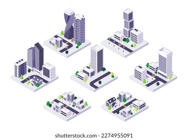 Isometric city streets. Town quarter with skyscrapers apartment and office buildings houses, urban residential block with traffic. Vector illustration. Urban area with tall architecture