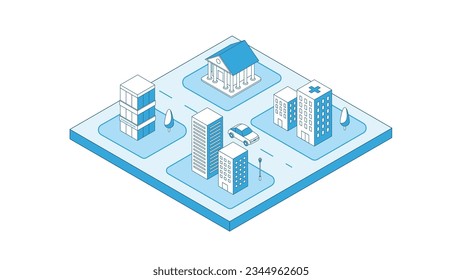 Isometric city stroke illustration. Modern linear vector.