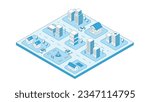 Isometric city stroke vector. Outline buildings architecture. View of the city with road, park, houses, bank, shop, cafe. 