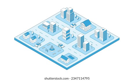 Isometric city stroke vector. Outline buildings architecture. View of the city with road, park, houses, bank, shop, cafe. 