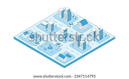 Isometric city stroke vector. Outline buildings architecture. View of the city with road, park, houses, bank, shop, cafe. 