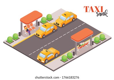 Isometric city taxi stop composition with text and piece of street with cab cars and people vector illustration