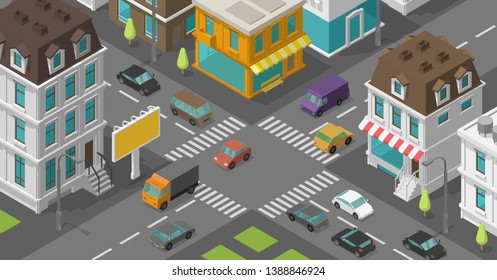 Isometric city. Town district street. Advertising billboard on the road Intersection. Vector high detail city rectangular projection view. Cars end buildings top view.