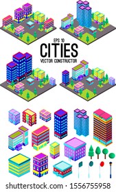 Isometric city, town, megapolis constructor. Illustration with skyscrapers, buildings. 3d icons and elements. Build your own city.