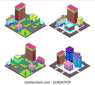 Isometric city, town, megapolis constructor. Illustration with skyscrapers, buildings. 3d icons and elements. Build your own city.
