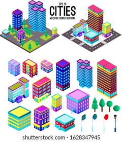 Isometric city, town, megapolis constructor. Illustration with skyscrapers, buildings. 3d icons and elements. Build your own city.