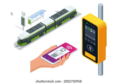 Isometric City Tram With Electronic Ticket Validation Machine. Woman Paying Conctactless With Smartphone For The Public Transport In The Tram