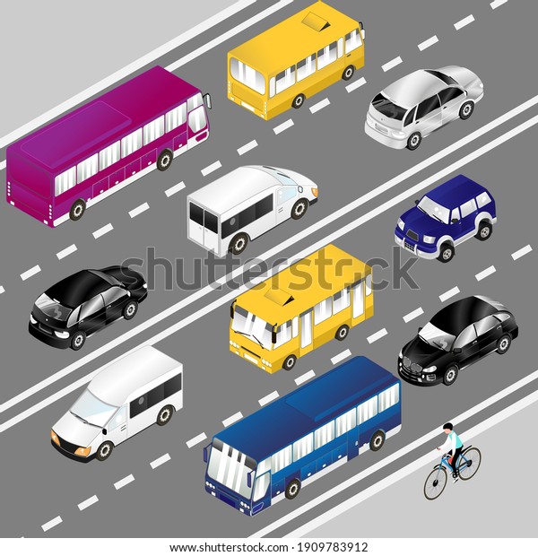 Isometric city transport\
set.3D cars travel on the highway in two directions.Two types of\
passenger buses, pickup, sedans and cyclist.Vector\
illustration.