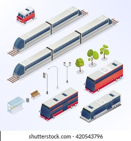 Isometric City Urban Elements With Bus, Train. Transportation Set. Vector Flat 3d Illustration