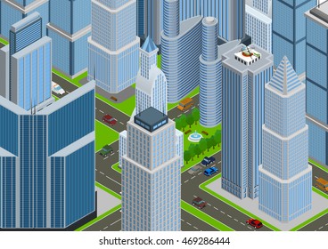 Isometric city urban landscape vector illustration, business centers, buildings, helicopter on roof, cars on road, cityscape