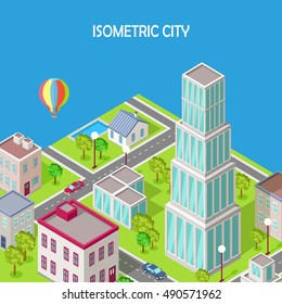 Isometric city vector. Isometric icon of city. Modern architecture, skyscraper exterior, clean sustainable eco city. Home and office buildings. Eco friendly environment. Residential estate cityscape.