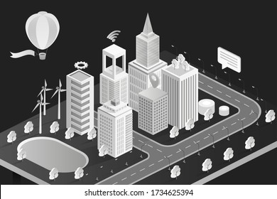 Isometric city vector ilustración. Antecedentes de la ciudad en 3d en blanco y negro con edificios modernos de oficinas de hoteles bancarios, casas de ciudad o apartamento para el hogar, parque de la ciudad, plaza de la calle en el centro, isometría de vista superior
