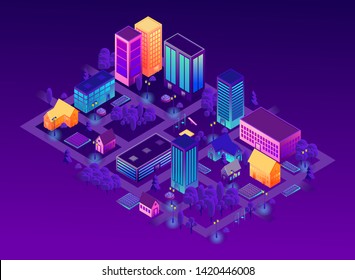 Isometric city vector illustration. Smart city isometric illustration. Intelligent buildings. Ultraviolet illustration map of isometry for the business design concept.
