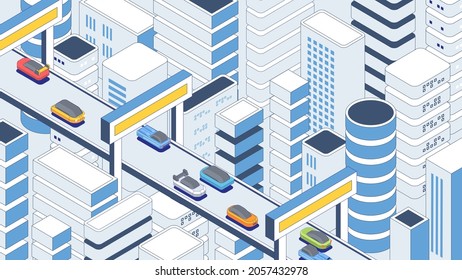 Isometric city vector. Smart town with road. Composition of houses, skyscrapers, buildings.