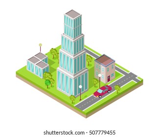 Isometric city vector web banner. Isometric projection. Horizontal illustration with fragment of street with road crossing, buildings, trees, lawn, lanterns, car. For design studio