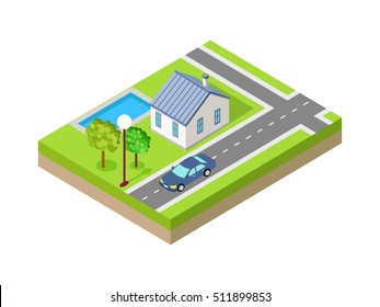 Isometric city vector web banner. Isometric projection. Horizontal illustration with fragment of street with road crossing, house, trees, lawn, lantern, car. For design studio ad