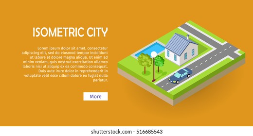 Isometric city vector web banner. Isometric projection. Horizontal illustration on orange background with fragment of street with road crossing, house, trees, lawn, lantern, car. For design studio ad