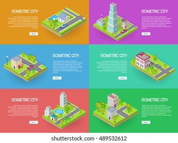 Isometric city vector web banners set. Modern architecture, skyscraper exterior, clean sustainable eco city. Home and office buildings city. Eco friendly environment. Residential estate cityscape.