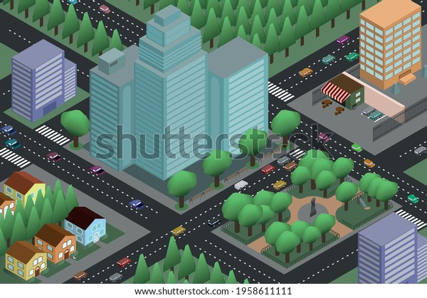 Isometric city. Vectors of buildings, houses,\
cafeteria, apartments and\
highways