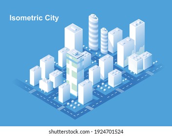 Isometric city vector.Smart town with road , smart city and public park,building 3d,capital , Vector office and metropolis concept.