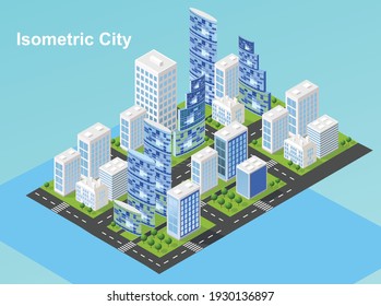 Isometric City Vector.Smart Town With Road , Trees,smart City And Public Park,building 3d,capital , Vector Office And Metropolis Concept.
