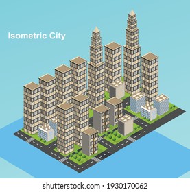 Isometric City Vector.Smart Town With Road , Trees,smart City And Public Park,building 3d,capital , Vector Office And Metropolis Concept.
