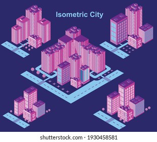 Isometric city vector.Smart town with road , trees,smart city and public park,building 3d,capital , Vector office and metropolis concept. Night city. Neon glow.  Set