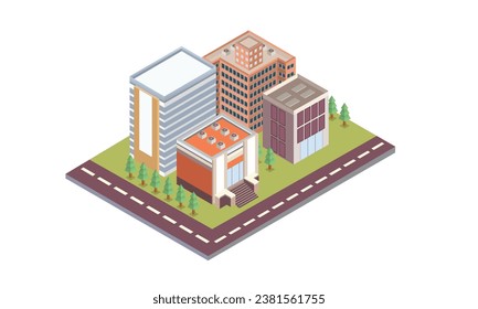 Isometric city vector.Smart town with road , smart city and public park,building.on white background.3D design.isometric vector design Illustration.