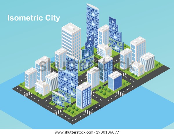 Isometric city vector.Smart town with road ,\
trees,smart city and public park,building 3d,capital , Vector\
office and metropolis\
concept.\

