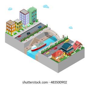 Isometric City View with Buildings Bridge Embankment and River. Flat 3d Vector illustration