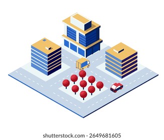 Isometric city view featuring bustling buildings, winding roads with cars, lush trees, and various urban elements creating a vibrant landscape