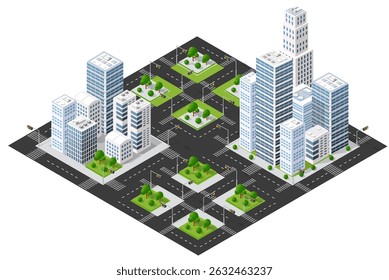 Vista isométrica de la ciudad con rascacielos, carreteras, cruces peatonales, semáforos y parques verdes, creando un paisaje urbano vibrante
