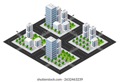 Vista isométrica da cidade apresentando arranha-céus, estradas, faixas de pedestres, semáforos e parques verdes, criando uma paisagem urbana vibrante