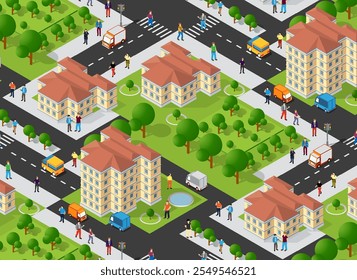 Isometric city view showing citizens walking and driving through streets with buildings, parks, and trees