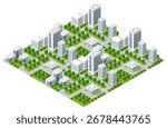 Isometric city view showing white skyscrapers and green trees, representing urban planning and development