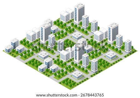 Isometric city view showing white skyscrapers and green trees, representing urban planning and development