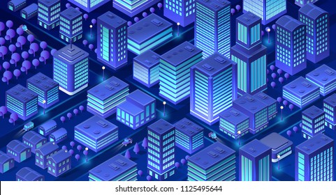 Isometric city of violet colors 3d building modern town street, urban road architecture. Ultraviolet illustration map of isometry for the business design concept.