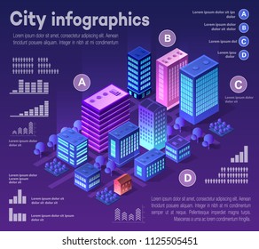 Isometric City Of Violet Colors 3d Building Modern Town Street, Urban Road Architecture. Ultraviolet Illustration Map Of Isometry For The Business Design Concept.