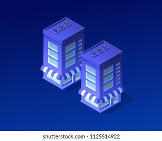 Isometric city of violet colors 3d building modern town street, urban road architecture. Ultraviolet illustration map of isometry for the business design concept.