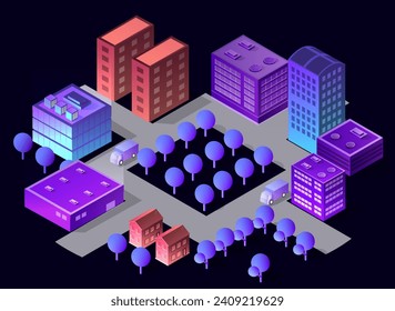 Isometric city  of violet colors 3d building modern town street, urban road architecture. Ultraviolet illustration map  for the business design concept