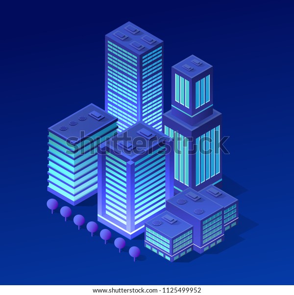Isometric city of violet colors\
3d building modern town street, urban road architecture.\
Ultraviolet illustration map of isometry for the business design\
concept.