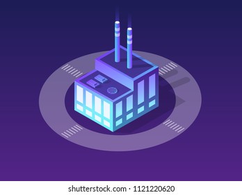 Isometric city web icon of violet colors 3d building modern town street, urban road architecture. Ultraviolet illustration map of isometry for the design concept.