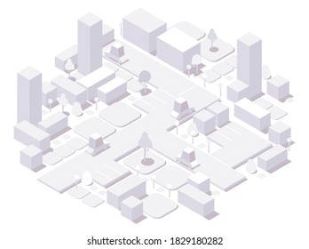 Isometric city white concept. 3d dimensional buildings and cars,trees and elements isolated on white