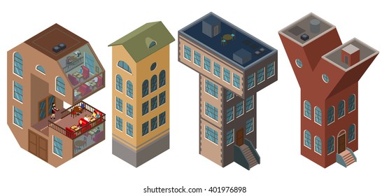 isometric city word lettering inscription houses font house letters
