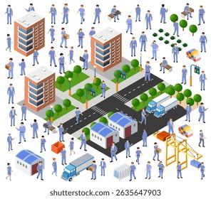 Isometric city with workers, managers, warehouses, offices, trucks, trees, street lamps and traffic lights, representing a lively urban environment