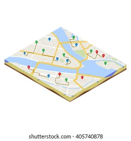 A isometric citymap of an imaginary city with destinations between districts. Urban mobile navigation vector illustration. City plan geomarketing consept. 