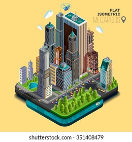 Isometric City,megapolis Concept Office Buildings, Parks, Cafe, Landmarks, Skyscraper, Street, Bridge And River. Vector 3d Top View