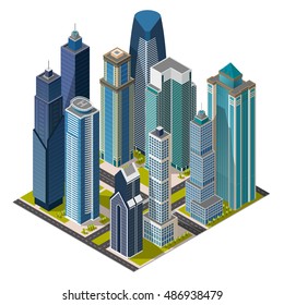 Isometric city,megapolis concept office buildings, skyscraper, street, landmarks. Vector 3d top view