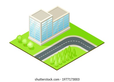 Isometric Cityscape with Apartment Block or Multistory Structure on Green Lawn Vector Illustration