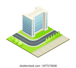 Isometric Cityscape with Apartment Block or Multistory Structure on Green Lawn Vector Illustration